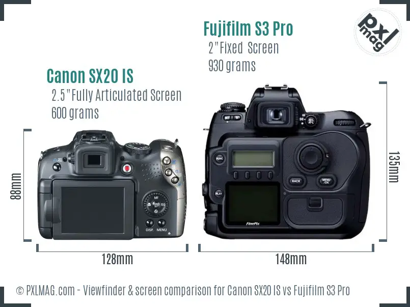 Canon SX20 IS vs Fujifilm S3 Pro Screen and Viewfinder comparison