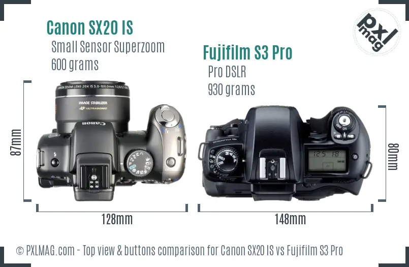 Canon SX20 IS vs Fujifilm S3 Pro top view buttons comparison