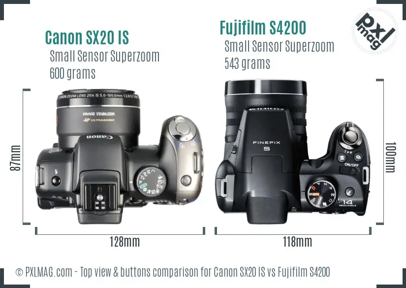 Canon SX20 IS vs Fujifilm S4200 top view buttons comparison