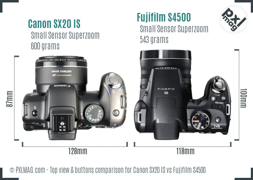 Canon SX20 IS vs Fujifilm S4500 top view buttons comparison