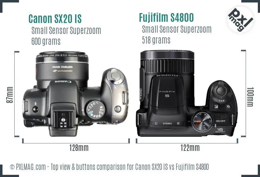 Canon SX20 IS vs Fujifilm S4800 top view buttons comparison