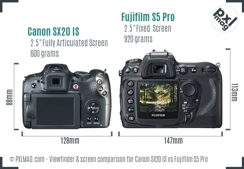 Canon SX20 IS vs Fujifilm S5 Pro Screen and Viewfinder comparison