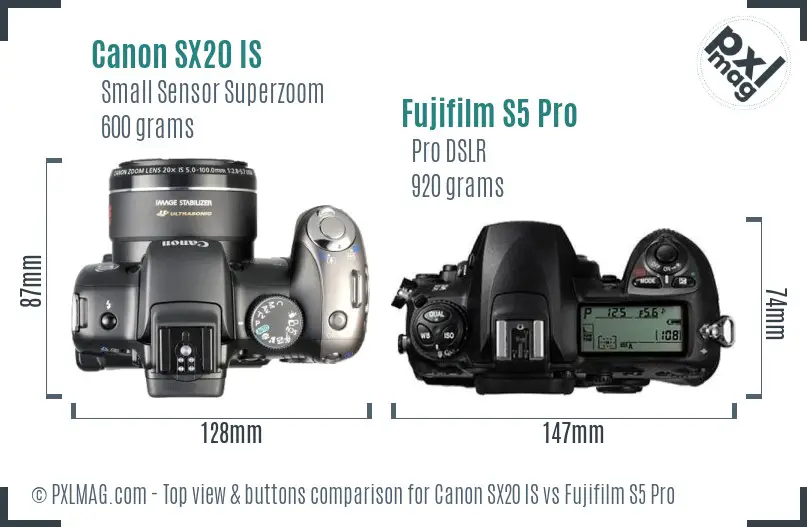 Canon SX20 IS vs Fujifilm S5 Pro top view buttons comparison
