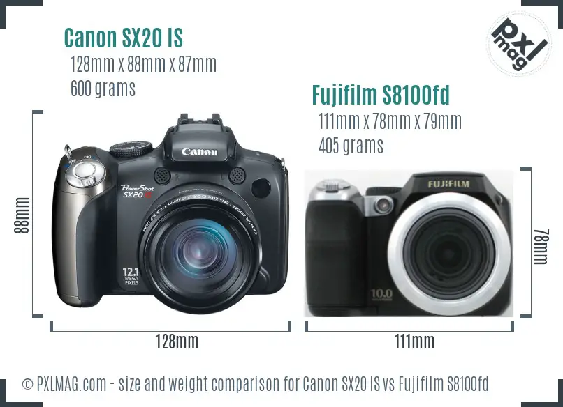 Canon SX20 IS vs Fujifilm S8100fd size comparison