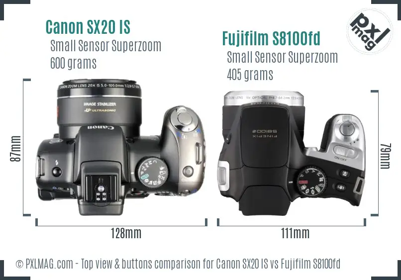 Canon SX20 IS vs Fujifilm S8100fd top view buttons comparison