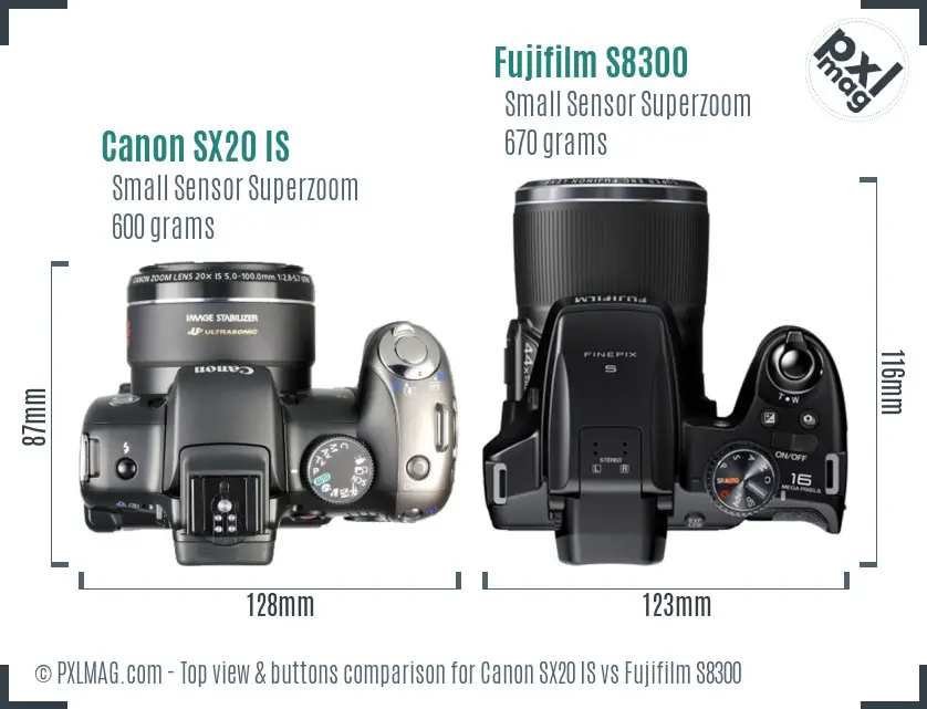 Canon SX20 IS vs Fujifilm S8300 top view buttons comparison