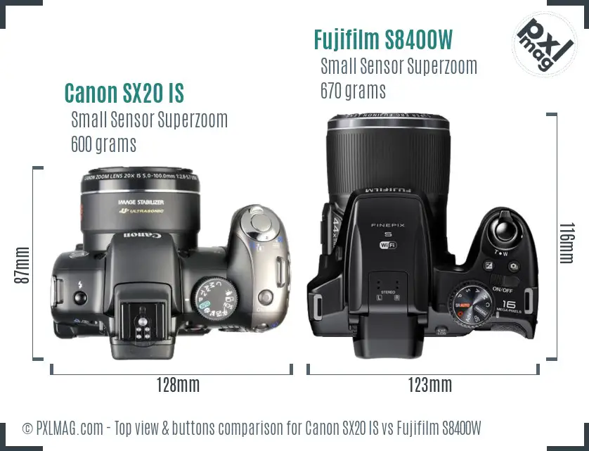 Canon SX20 IS vs Fujifilm S8400W top view buttons comparison