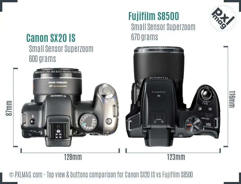 Canon SX20 IS vs Fujifilm S8500 top view buttons comparison