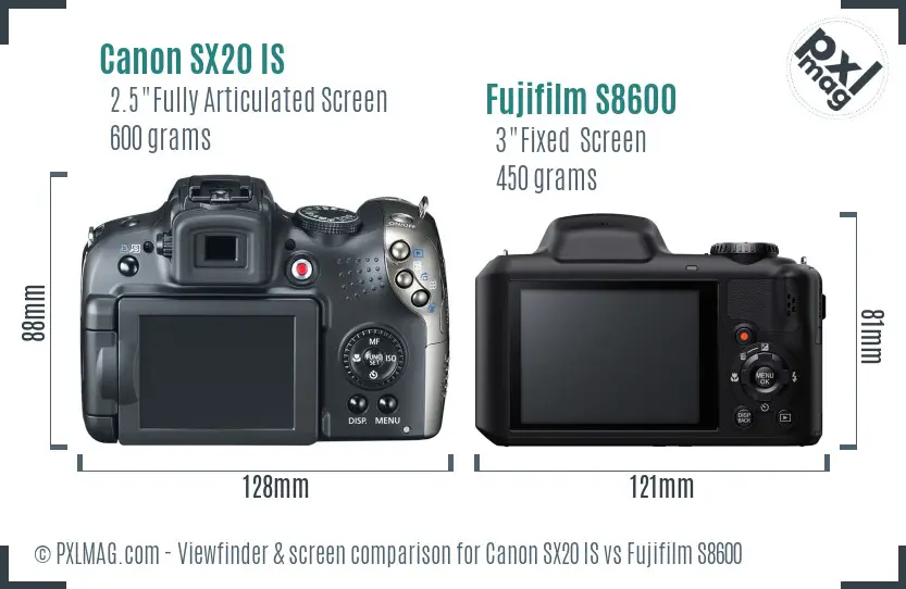 Canon SX20 IS vs Fujifilm S8600 Screen and Viewfinder comparison