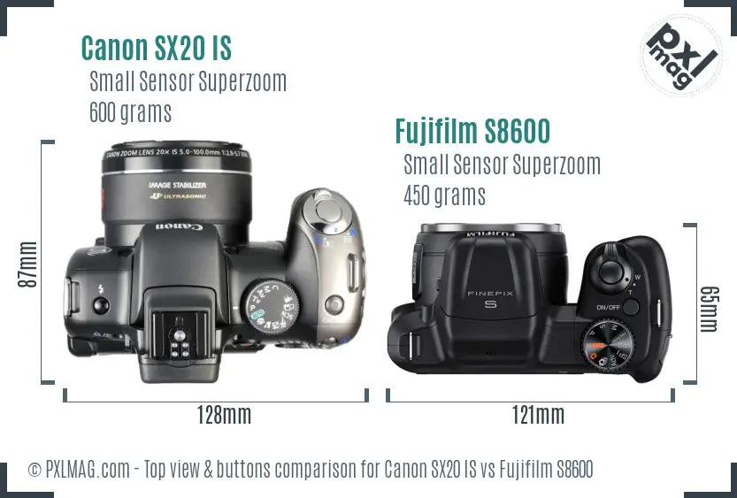 Canon SX20 IS vs Fujifilm S8600 top view buttons comparison