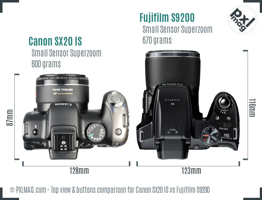 Canon SX20 IS vs Fujifilm S9200 top view buttons comparison Canon SX20 IS vs Fujifilm S9200 top view buttons comparison