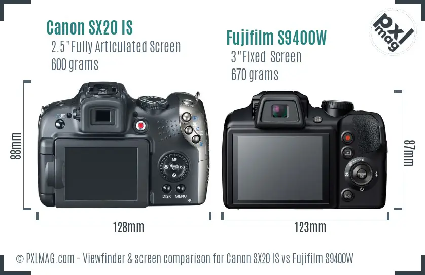 Canon SX20 IS vs Fujifilm S9400W Screen and Viewfinder comparison