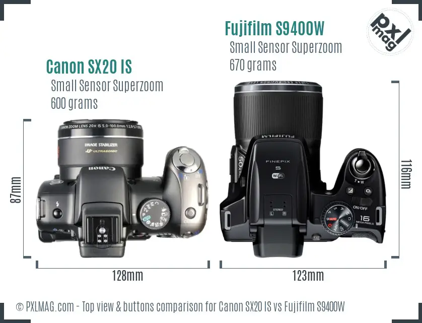 Canon SX20 IS vs Fujifilm S9400W top view buttons comparison
