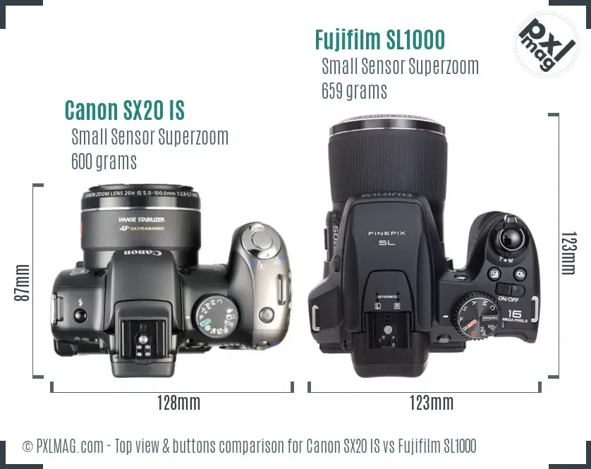 Canon SX20 IS vs Fujifilm SL1000 top view buttons comparison