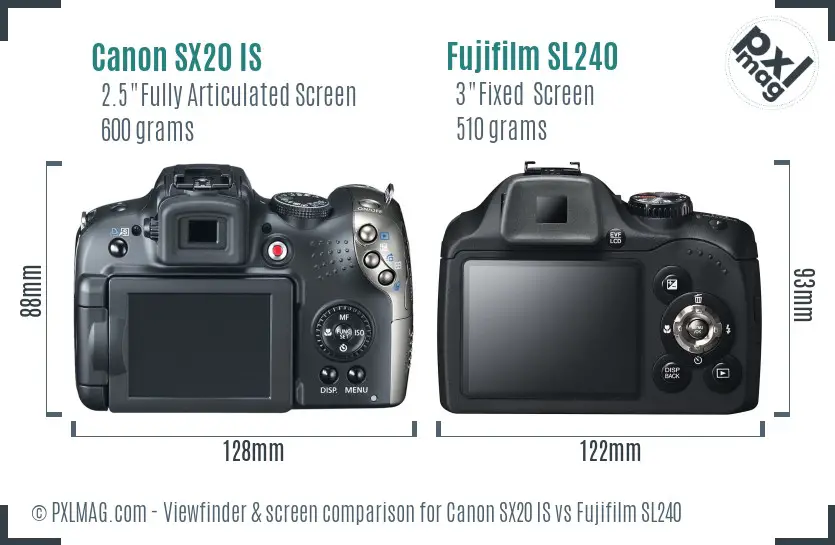 Canon SX20 IS vs Fujifilm SL240 Screen and Viewfinder comparison