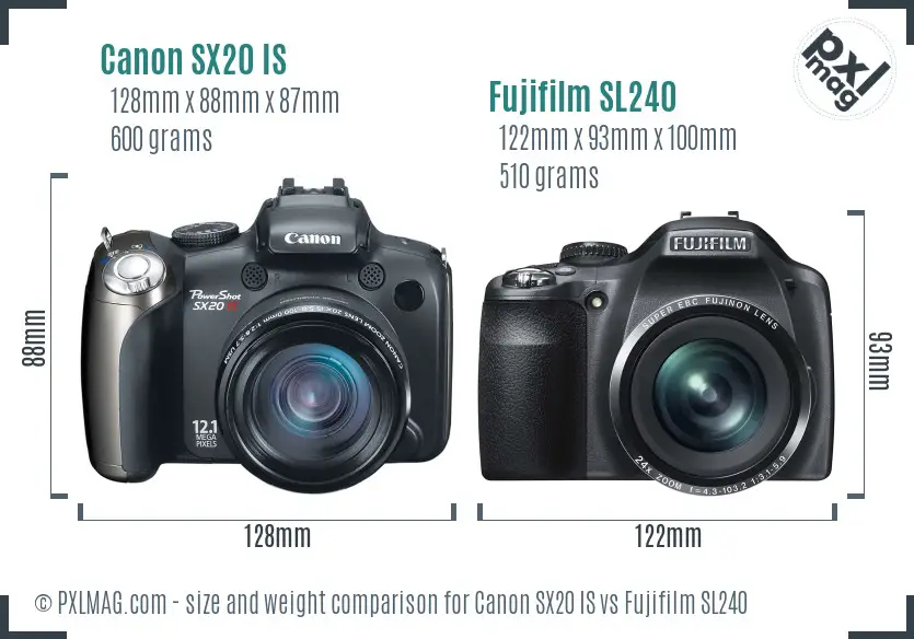 Canon SX20 IS vs Fujifilm SL240 size comparison