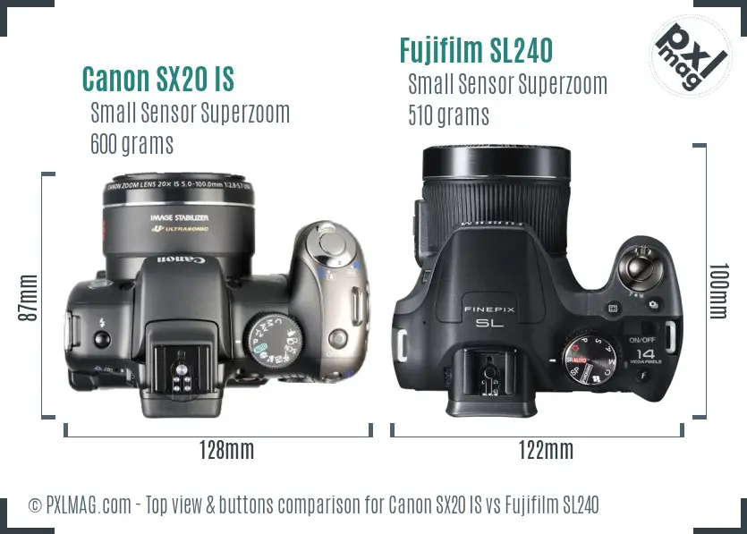 Canon SX20 IS vs Fujifilm SL240 top view buttons comparison