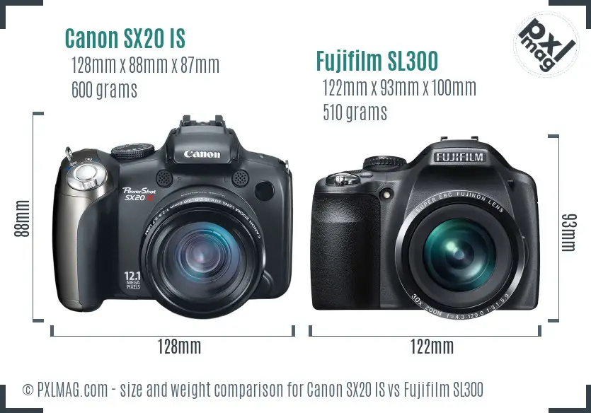 Canon SX20 IS vs Fujifilm SL300 size comparison