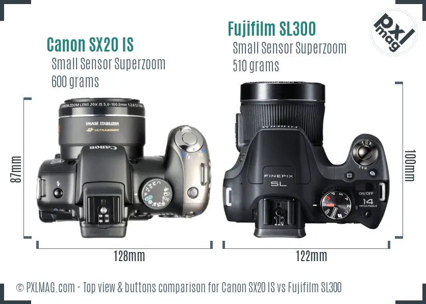 Canon SX20 IS vs Fujifilm SL300 top view buttons comparison