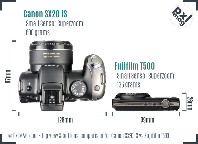 Canon SX20 IS vs Fujifilm T500 top view buttons comparison