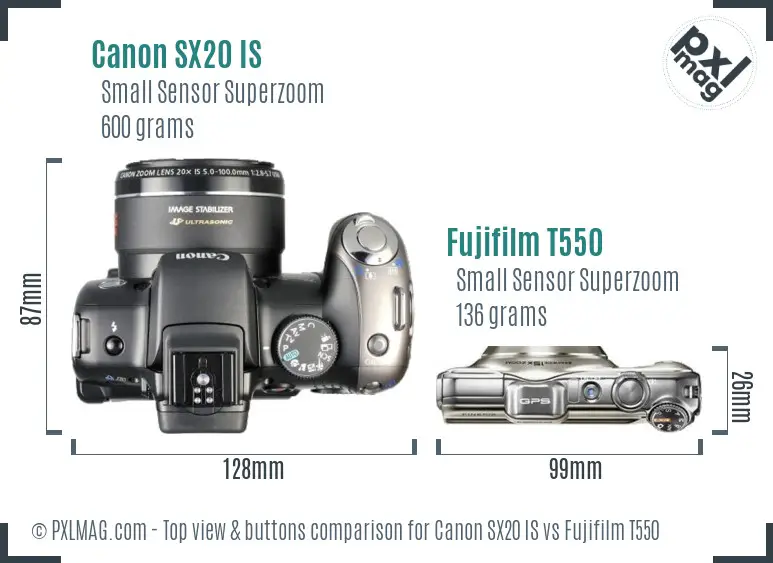 Canon SX20 IS vs Fujifilm T550 top view buttons comparison