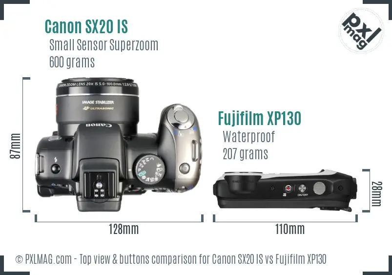 Canon SX20 IS vs Fujifilm XP130 top view buttons comparison