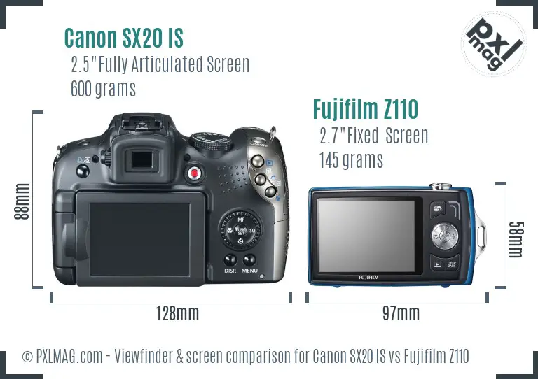 Canon SX20 IS vs Fujifilm Z110 Screen and Viewfinder comparison