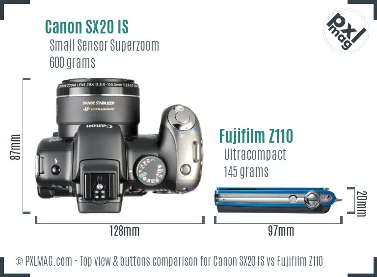 Canon SX20 IS vs Fujifilm Z110 top view buttons comparison