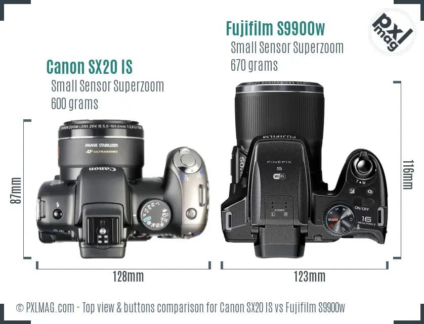 Canon SX20 IS vs Fujifilm S9900w top view buttons comparison