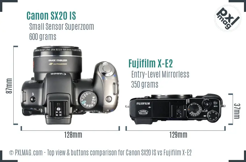Canon SX20 IS vs Fujifilm X-E2 top view buttons comparison