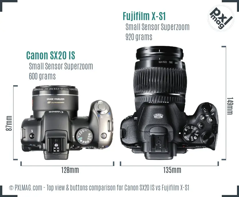 Canon SX20 IS vs Fujifilm X-S1 top view buttons comparison Canon SX20 IS vs Fujifilm X-S1 top view buttons comparison