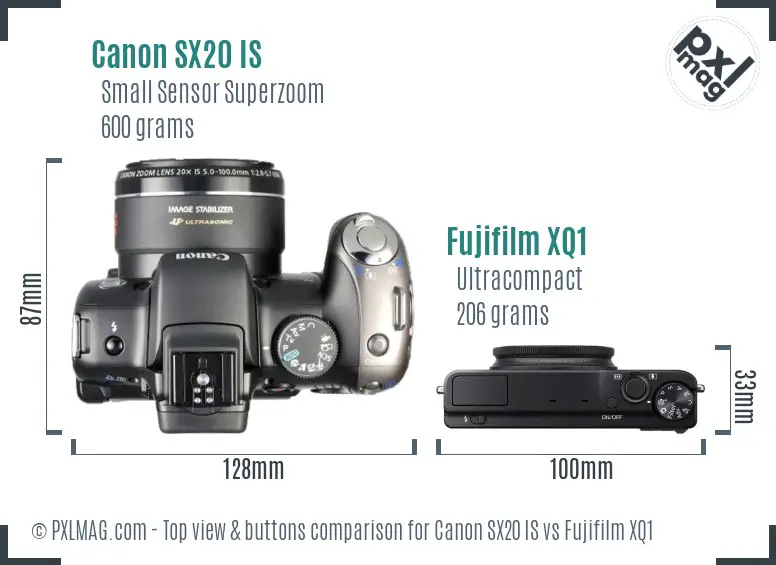 Canon SX20 IS vs Fujifilm XQ1 top view buttons comparison