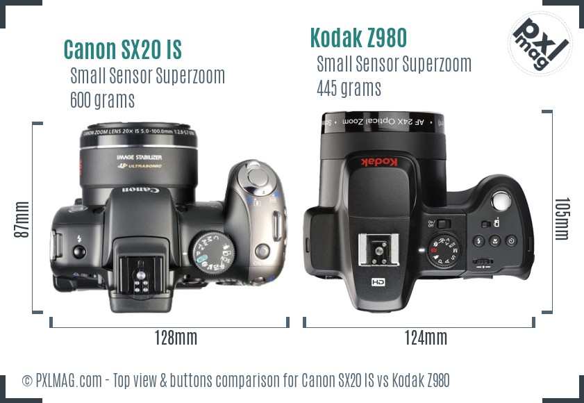 Canon SX20 IS vs Kodak Z980 top view buttons comparison