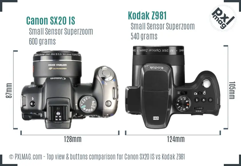 Canon SX20 IS vs Kodak Z981 top view buttons comparison