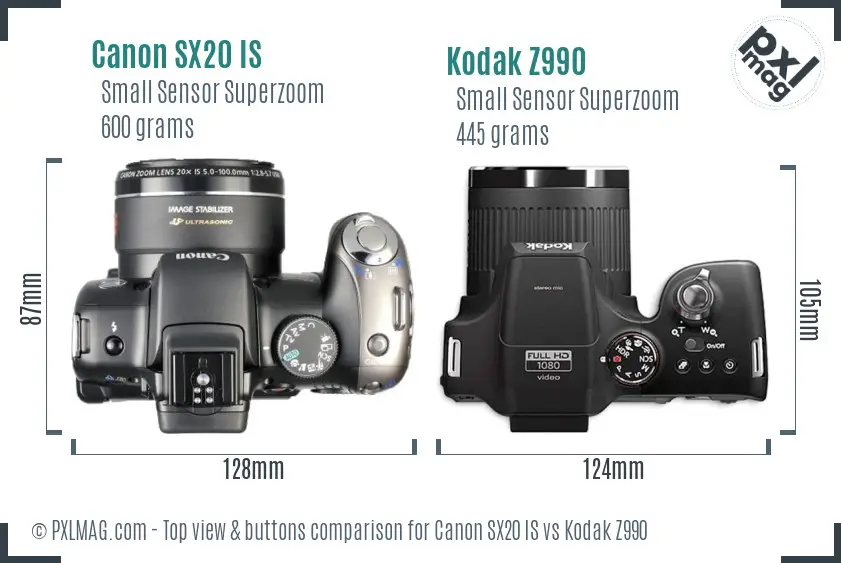 Canon SX20 IS vs Kodak Z990 top view buttons comparison Canon SX20 IS vs Kodak Z990 top view buttons comparison