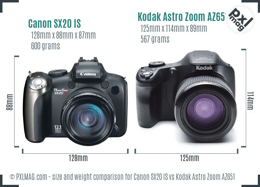 Canon SX20 IS vs Kodak Astro Zoom AZ651 size comparison