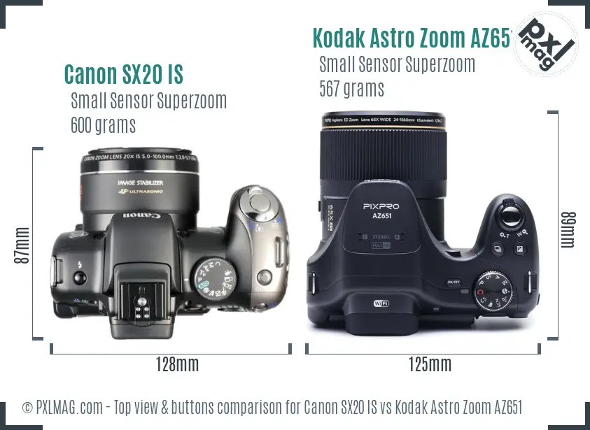 Canon SX20 IS vs Kodak Astro Zoom AZ651 top view buttons comparison