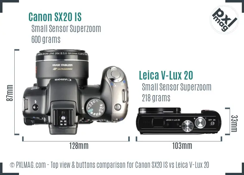 Canon SX20 IS vs Leica V-Lux 20 top view buttons comparison Canon SX20 IS vs Leica V-Lux 20 top view buttons comparison