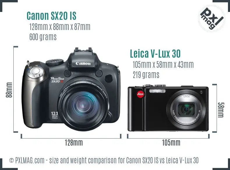 Canon SX20 IS vs Leica V-Lux 30 size comparison Canon SX20 IS vs Leica V-Lux 30 size comparison