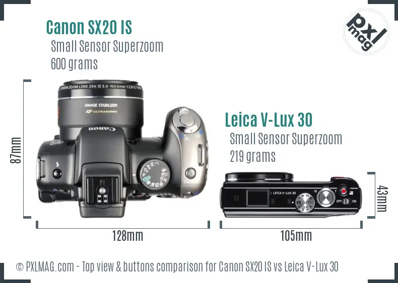 Canon SX20 IS vs Leica V-Lux 30 top view buttons comparison Canon SX20 IS vs Leica V-Lux 30 top view buttons comparison