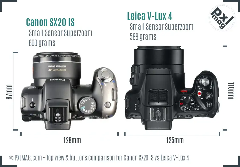 Canon SX20 IS vs Leica V-Lux 4 top view buttons comparison