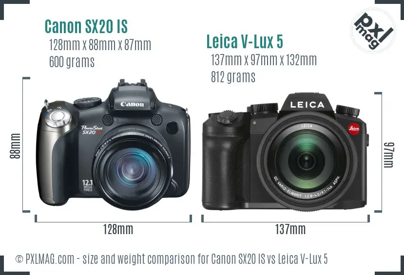 Canon SX20 IS vs Leica V-Lux 5 size comparison