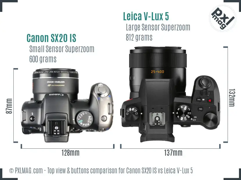 Canon SX20 IS vs Leica V-Lux 5 top view buttons comparison