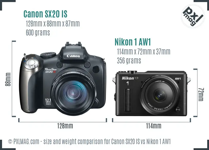 Canon SX20 IS vs Nikon 1 AW1 size comparison