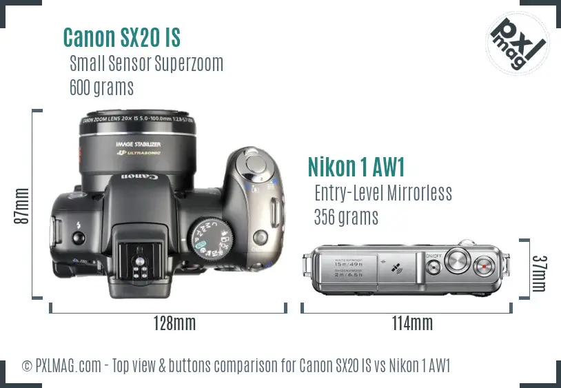 Canon SX20 IS vs Nikon 1 AW1 top view buttons comparison