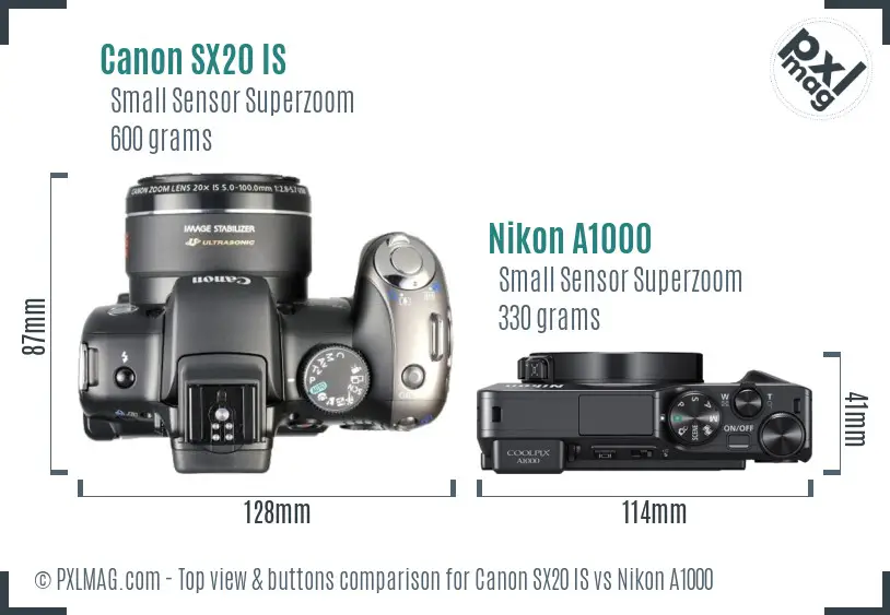 Canon SX20 IS vs Nikon A1000 top view buttons comparison