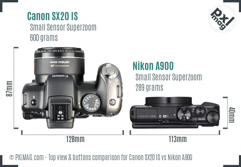 Canon SX20 IS vs Nikon A900 top view buttons comparison