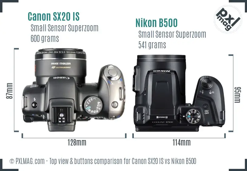 Canon SX20 IS vs Nikon B500 top view buttons comparison