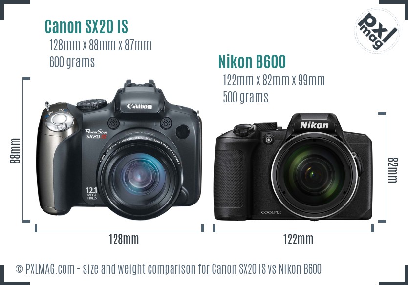 Canon SX20 IS vs Nikon B600 size comparison