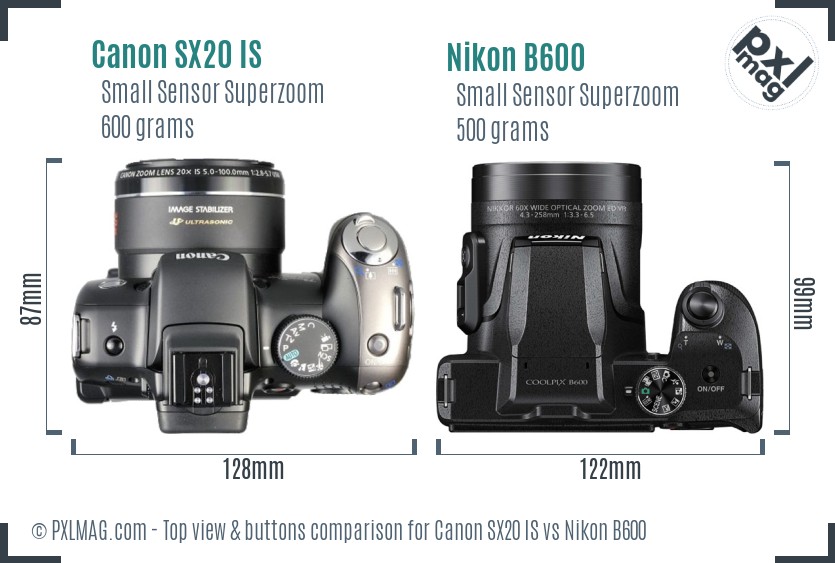 Canon SX20 IS vs Nikon B600 top view buttons comparison